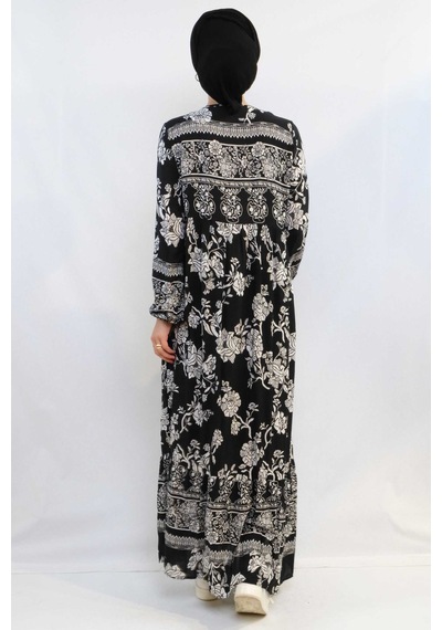 Modi Moda Çizgi Vintage Desen Elbise Siyah