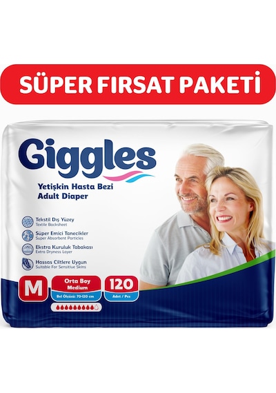Giggles Yetişkin Hasta Bezi Orta Boy Medium 4 Paket 120 Adet Bel Boy: 70 - 120 Cm M
