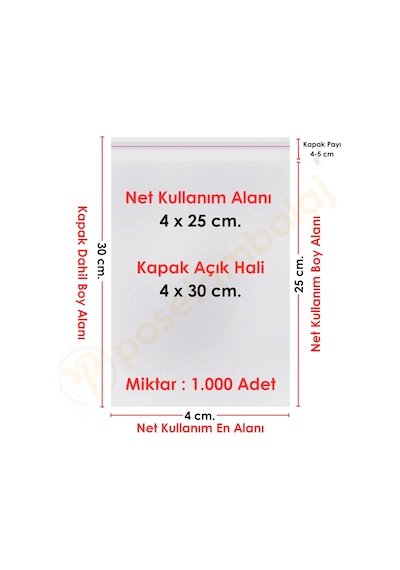 4x25+5 Cm. 4x30 1.000 Adet Şeffaf Bantlı Yapışkanlı Opp Poşet