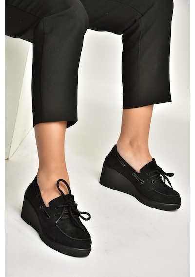 Fox Shoes Y602006402 Siyah Süet Dolgu Tabanlı Kadın Ayakkabı Siyah
