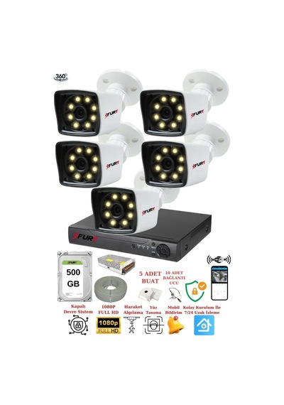 Fury 5 Kameralı 5mp Lens 1080p 2mp Colorgörüntü 8 Warm Led Gece Görüş Fullhd Güvenlik Kamera 5525w 500gb