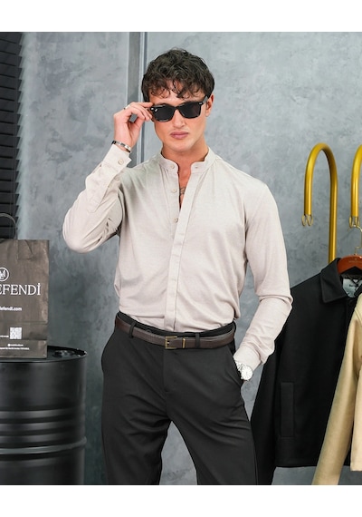 Modefendi %100 Pamuklu Slimfit Gizli Kanun Yaka Gömlek Krem