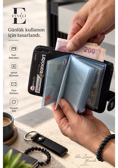 Evveli Kişiye Özel Erkek Kartlık Kağıt Para Bölmeli Cüzdan Siyah Hediyelik SİYAH