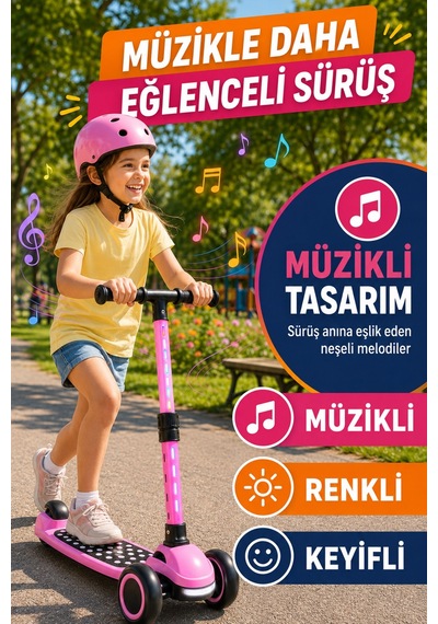 Pembe Speedx Wx-817 Rgb Işıklı Müzikli Çocuk Scooter Ayarlanabilir Alüminyum T-bar Tekerlekli Frenli