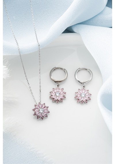 Çekirdekjewelry 925 Ayar Gümüş Lotus Kolye Küpe Seti Gri Pembe