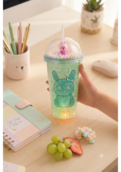 Çift Katlı İçecek Bardağı Led Işıklı Pipetli Kawaii Chibi Sevimli Tavşan Figürlü Suluk 450 Ml Yeşil
