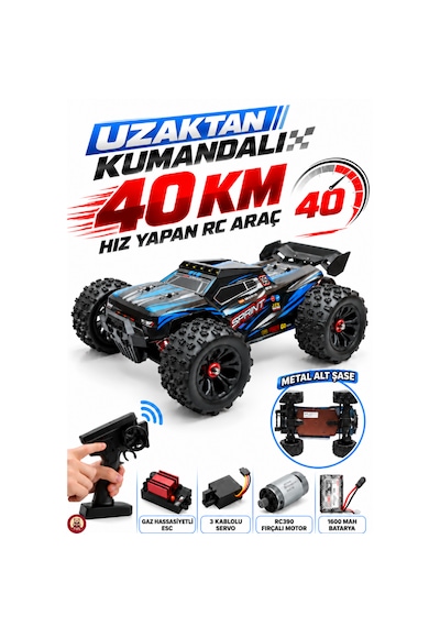 Oyuncak 2.4 Ghz Uzaktan Kumandalı Rc Arazi Arabası 40 Km/sa Hız 4x4 Çekiş Metal Şase Rc390 Motor Şarjlı Led Işıklı Gaz Ve Direksiyon Hassasiyetli Mavi
