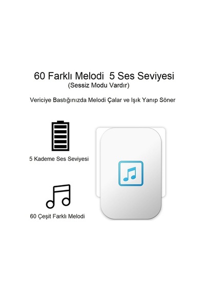 Plentiful Su Geçirmez Kablosuz Kapı Zili Pil Gerektirmez Beyaz 150metre