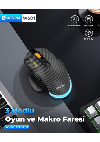 Mkespn W601w Tri Mode Rgb Gaming Mouse 12800 Dpı 7 Tuş Makro 1000hz Beyaz Diğer