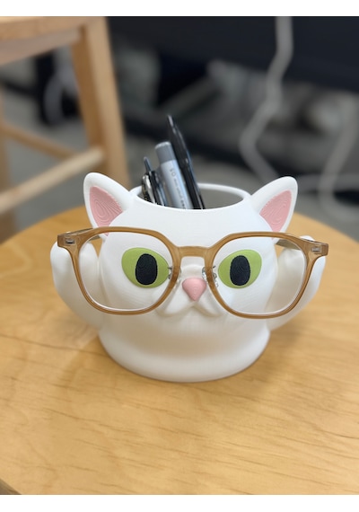 Kedi Tasarımlı Gözlük Ve Kalemlik Standı Çok Amaçlı Masaüstü Organizer 17x12x12cm Beyaz