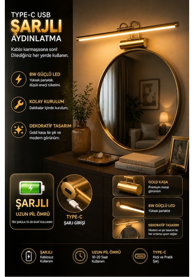 Flüt Aplik / 45cm / Şarjlı Led Aplik / Type-c Usb Kablosuz Duvar Lambası 8w Gün Işığı 3000k Kahverengi - Eskitme