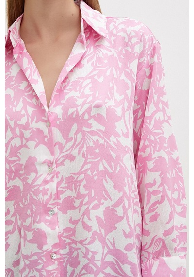 Never More Desenli Gofret Saten Gömlek Pembe Pembe