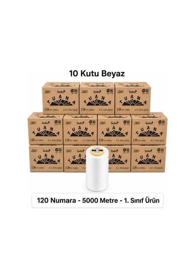 Tuana Polyester Dikiş İpliği 120 Numara 5000 Metre Beyaz 60 Bobin 10 Kutu Makine İpi Dikiş İpi
