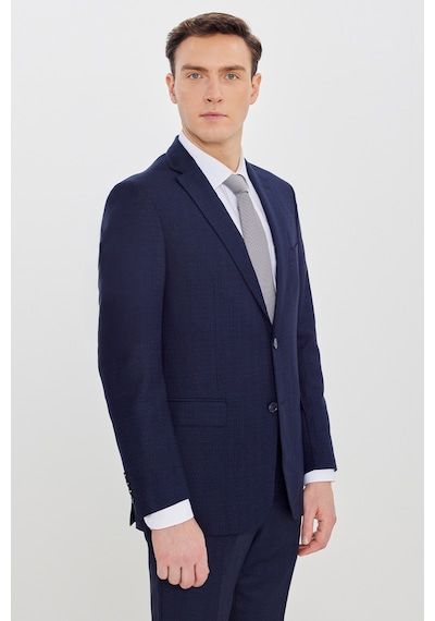 Ac&co Erkek Lacı Mavı Slim Fit Mono Yaka Desenli Çift Pantolonlu Takım Elbise