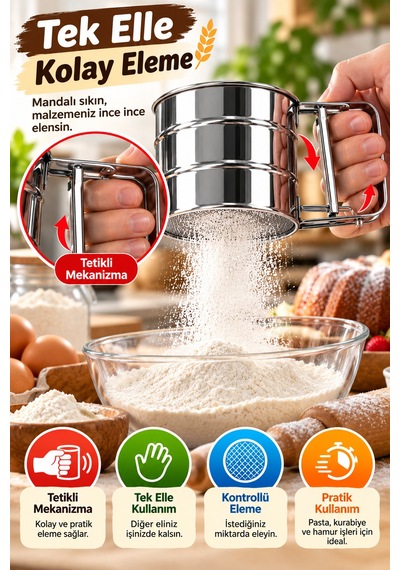 Pratik Tetikli Paslanmaz Çelik Un Eleği Mandallı Metal Pudra Şekeri Kakao Nişasta Eleği Mutfak Aparatı Gümüş