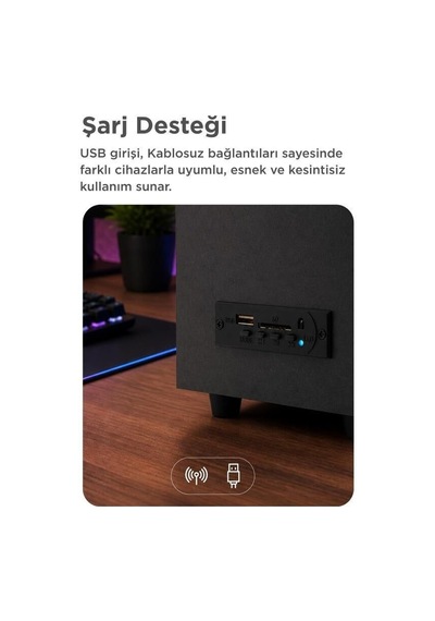 Delux Serisi Bilgisayar Hoparlörü D37 Siyah 2ın1 Surround Sistem Taşınabilir Ses Renkli Lamba