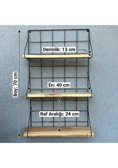 3 Katlı Dekoratif Duvar Rafı, Siyah Metal Izgara Ve Doğal Ahşap Raf, Banyo, Mutfak, Baharatlık Kitaplık Organizer Ahşap - Siyah