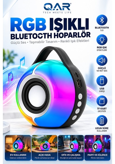 Rgb Led Işıklı Bluetooth Hoparlör Usb Ve Hafıza Kartı Destekli Taşınabilir Mini Ses Bombası Siyah