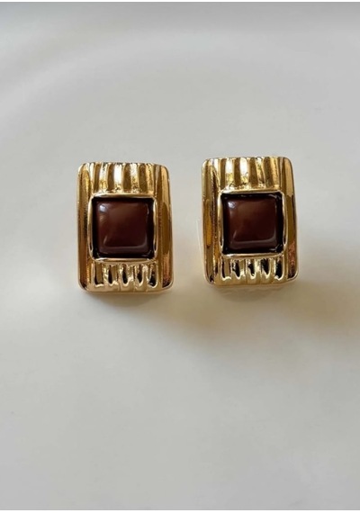 Lunarie Kare Vintage Küpe Kararmayan Gold Nervürlü Çerçeve Reçine Kahverengi