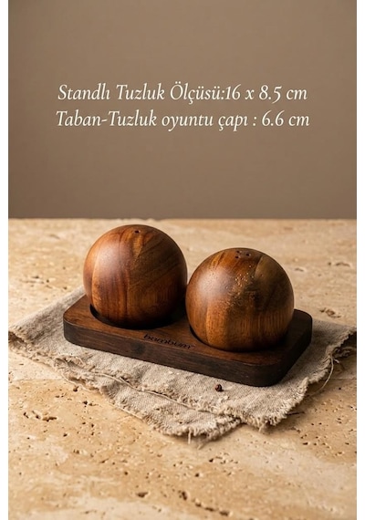 Akasya Bambu Stantlı 2'li Küre Tuzluk Biberlik Seti 16x8.5 Cm - Yuvarlak Top Akasya Baharatlık Takımı Beyaz - Kahverengi