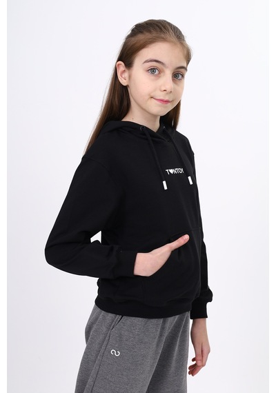 Toontoy Kız Çocuk Oversize Kapüşonlu Cepli Düşük Omuz Baskılı Sweatshirt - 2 İplik Siyah