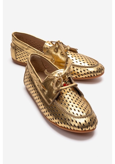 Luvishoes Stevo Altın Hakiki Deri Delikli Bağcıklı Kadın Loafer Ayakkabı