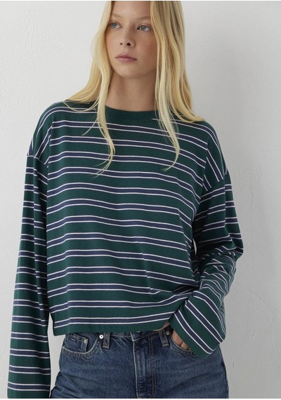 Mavi Uzun Kollu Basıc Tişört Sea Moss Stripe Yeşil
