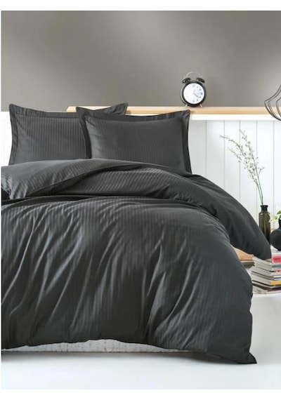 Elegant Stripe Saten Çift Kişilik Nevresim Takımı Antrasit Antrasit