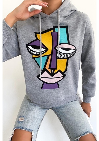 Femelle Kadın Yeni Sezon Karakter Baskılı Kapüşonlu Pamuklu Sweatshirt Gri