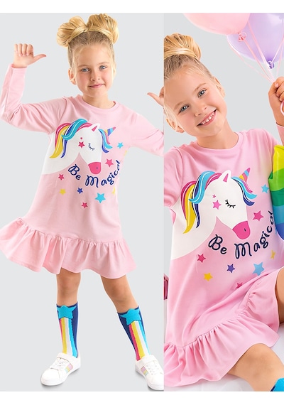 Kız  Çocuk  Kışlık  Unicorn  Desenli  Pembe  Uzun  Kollu  Fırfırlı  Elbise  2-8  Yaş