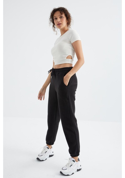 Siyah Yüksek Bel Basic Bağcıklı Jogger Polar Kadın Eşofman Alt - 94622 Siyah
