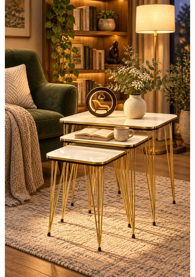 Odera Çift Tel Zigon Sehpa 3'lü Set Suntalam Modern Retro Salon Sehpası Diğer