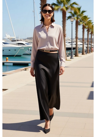 Benerly Kadın İnce Askılı Crop Top Saten Etek Takımı Kemer Detaylı Midi B Siyah