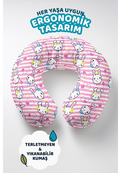 Çizgili Tavşan Desenli Boyun Yastığı - Sevimli Pembe Sarı Çocuk & Yetişkin Seyahat Yastığı Mat Kanyon Duman