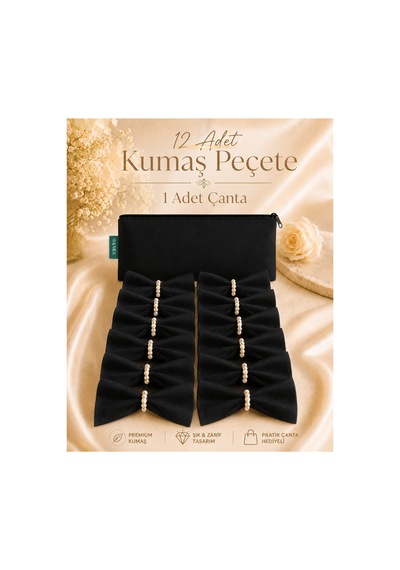 Siyah 12'li Kumaş Peçete Ve Inci Sunum Yüzüğü Özel Dikişsiz Jarse Kumaş Siyah Siyah