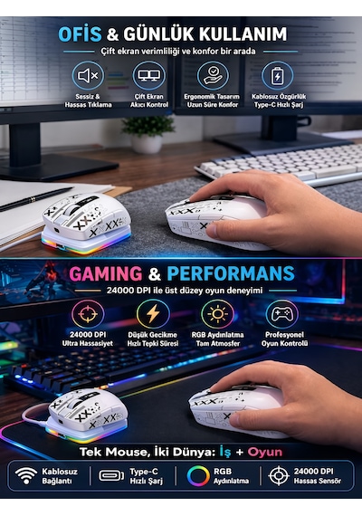 Kablosuz Oyuncu Mouse 24000 Dpı 1000hz Rgb Şarj İstasyonlu Dijital Göstergeli Gaming Mouse Beyaz