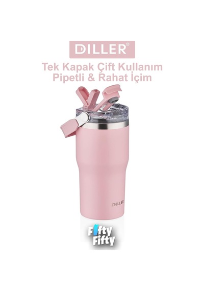 Dıller 620 Ml Tek Kapak Çift Kullanım Pipetli/pipetsiz Taşıma Kulplu Mug/çelik Termos-ffdıllerd Pudra