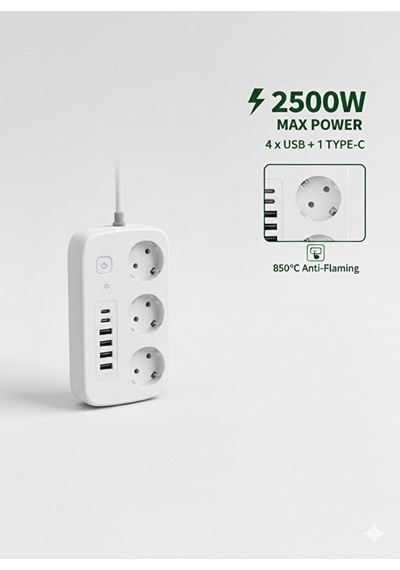Mercansa 2500w Çoklu Priz 2 Metre - 3 Lü Ac Priz +5 Usb Çıkışı Akım Korumalı Alev Almayan Gövde, 11318708
