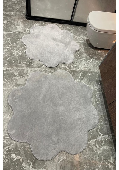 2'li Gri Banyo Halısı Peluş Post Halı Klozet Takımı 80x80 Ve 100x100 Gri