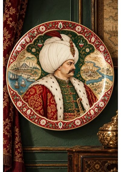 Dekoratif Duvar Tabağı Cihan Hükümdarları Dekorlu Seramik Tabak Mavi