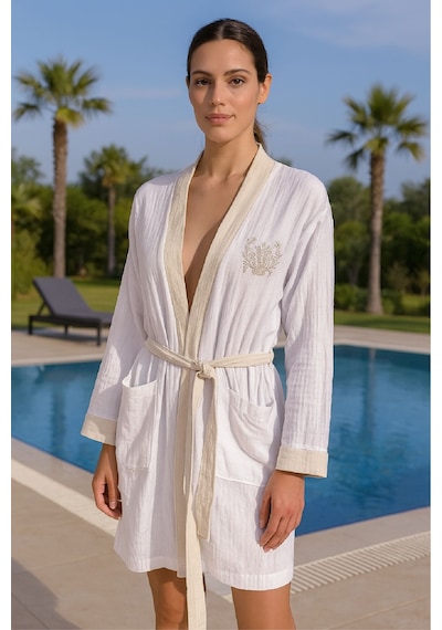 Baskılı Müslin Kimono Bornoz Unisex %100 Pamuk Yumuşacık 2 Katlı Doğal Kumaş - Ztmbb10 Bej