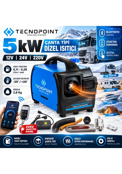 Tecnopoint 5 Kw Çanta Tipi Dizel Isıtıcı Webasto Tipi Portatif Bluetooth 12v 24v 220v