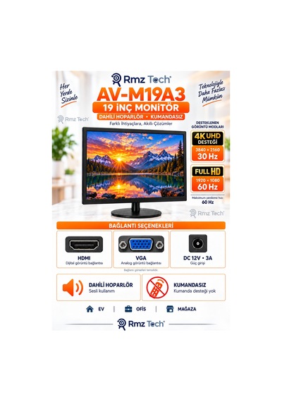 Avenir Av-m19a3 19 İnç Monitör 4k 30hz Destekli Full Hd 60hz Hdmı Vga Hoparlörlü Kumandasız
