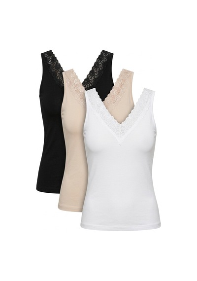 Siyah İnci 3'lü Paket %100 Pamuklu Askılı Dantelli Örme T-shirt Atlet 1007 Siyah Beyaz Ten