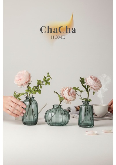 Chacha Home Modern 3'lü Minimalist Cam Çiçek Vazosu Dekoratif Masa Üstü Vazo Seti Turkuaz