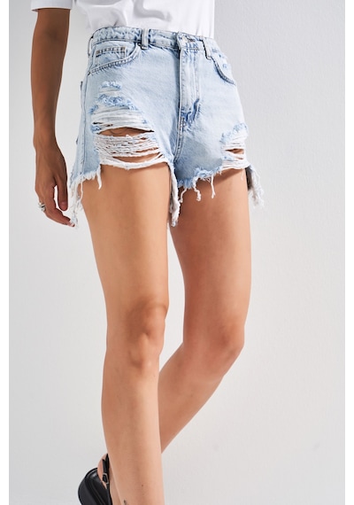 Itsbasic Kadın Ice Kot Rengi 12s5-3 Mini Boy Yüksek Bel Curved Yırtık Detaylı Püsküllü %100 Koton Denim Şort Ice Rengi