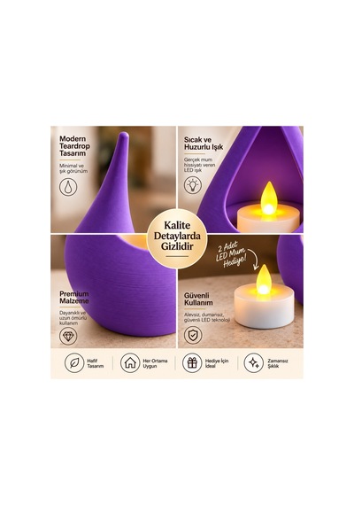 2 Li Dekoratif Mumluk Seti Modern Teardrop Tasarım, 2 Adet Led Mum Hediyeli, Şık Ev Dekorasyonu - Mor Açık