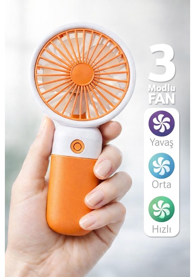 Standlı 3 Mod Şarjlı El Fanı 5 Kademe Seyahat Masaüstü Vantilatör Taşınabilir Mini Fan Turuncu F139