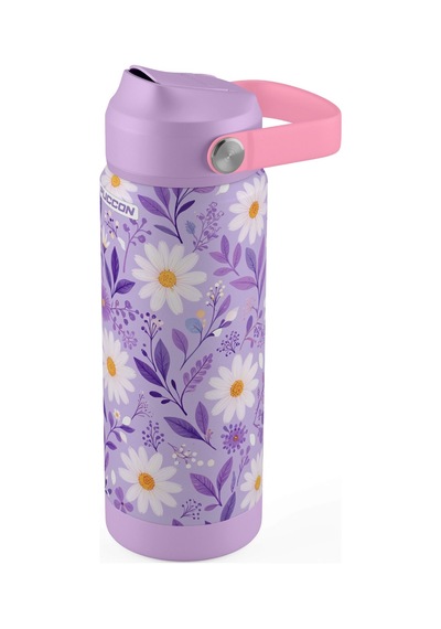 Puccon 540 Ml Papatya Desenli Beyaz - Lila Kız Çocuk Pipetli Çelik Termos Matara/suluk - 60057