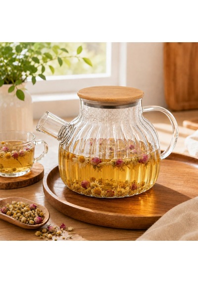 Bambu Kapaklı Kendinden Süzgeçli Borosilikat Cam Demlik 1000 Ml Isıya Dayanıklı Termisil Cam Çay, Kahve Ve Bi Diğer